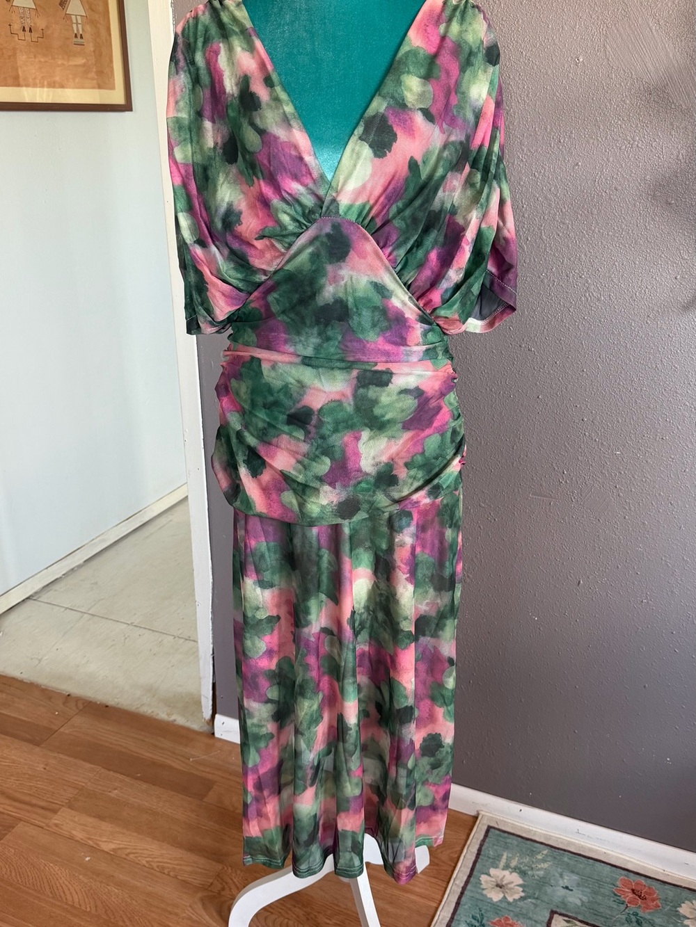 Watercolor Floral Maxi Dress in Pink and Green